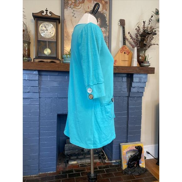 Neon Buddha S Tunic Top 3/4 Sleeve Embellished Button Turquoise Cotton Shirt - Picture 4 of 14